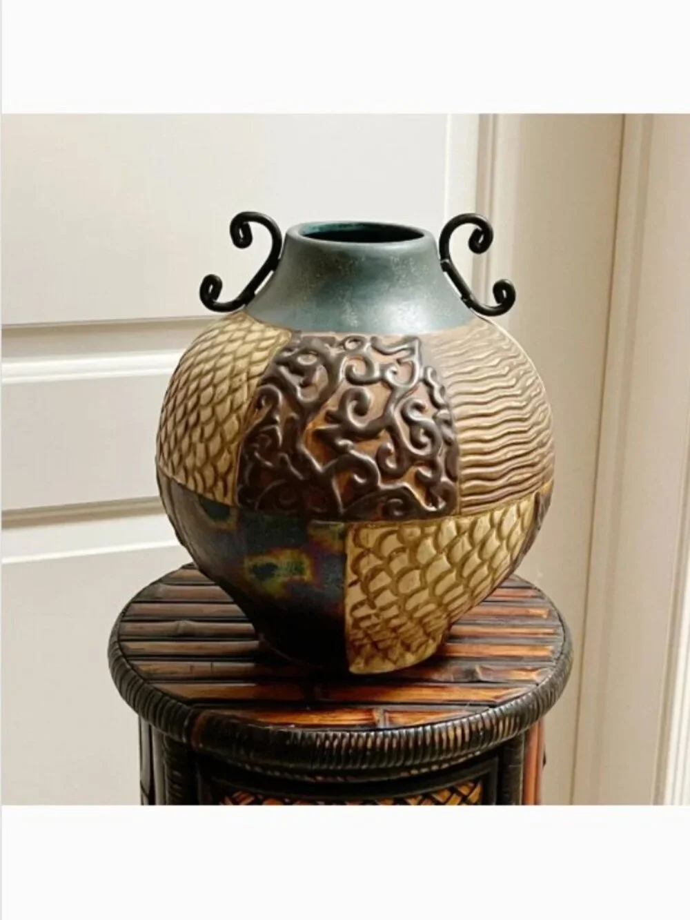 Pier 1 Vase Tan Turquoise Blue Multi Color Texture Pattern Ceramic Metal Unique!